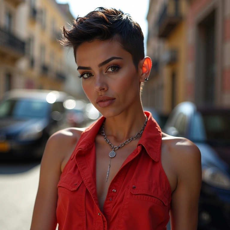 Mulher ousada com pixie cut, transmitindo atitude e personalidade.