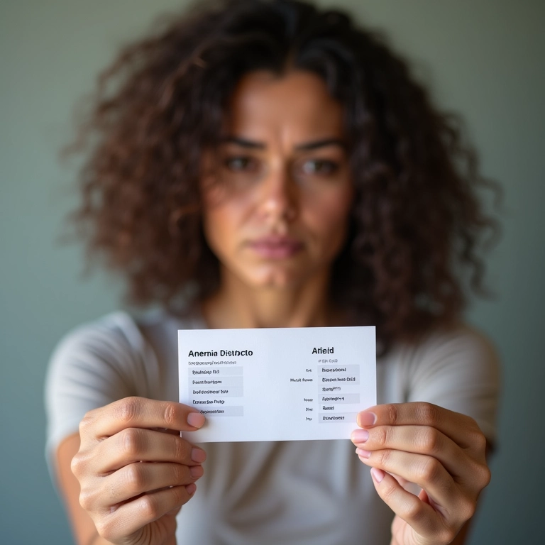 Mulher pálida segurando exames de sangue indicando anemia, relacionada à queda de cabelo.