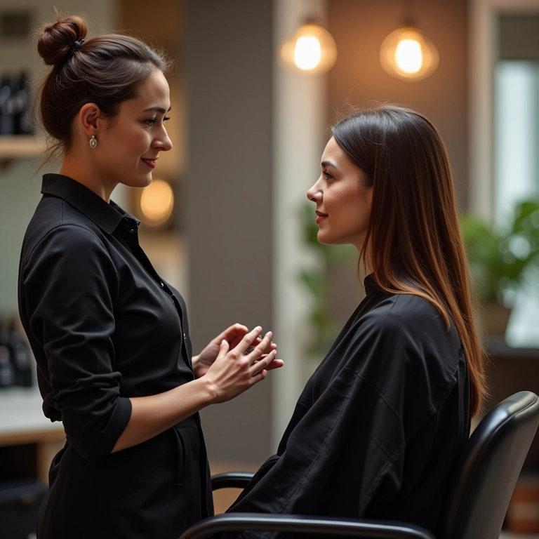 Mulher pedindo recomendação para cabeleireiro.
