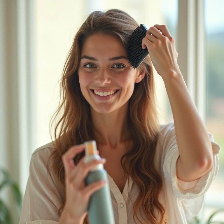 Mulher penteando facilmente o cabelo após usar protetor térmico.