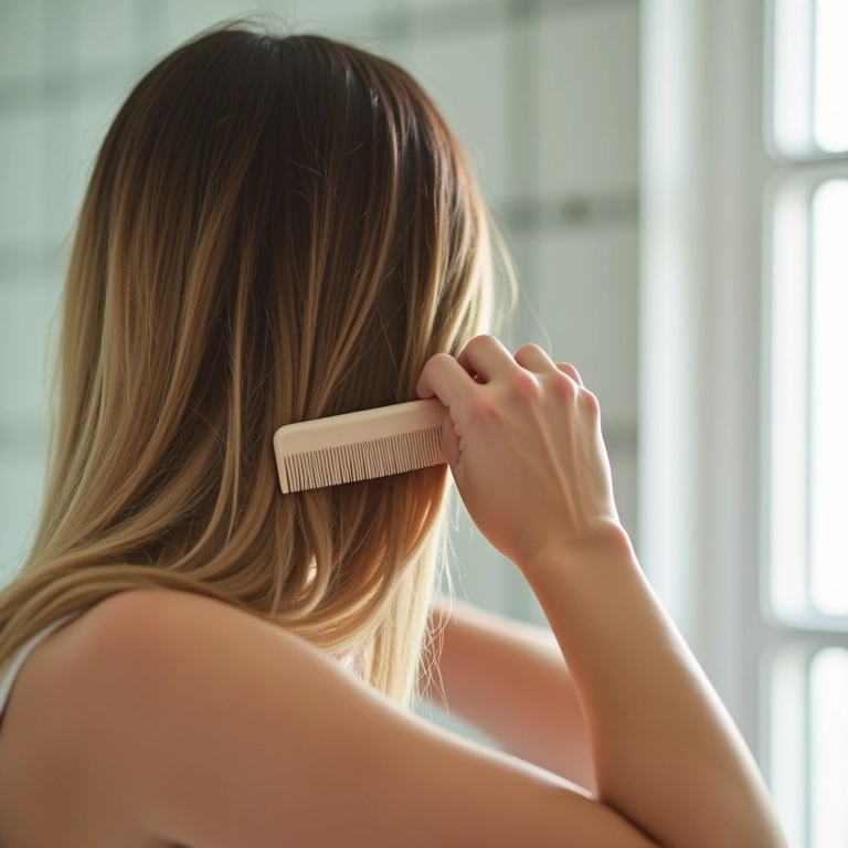 Mulher penteando o cabelo com cuidado com pente de dentes largos.