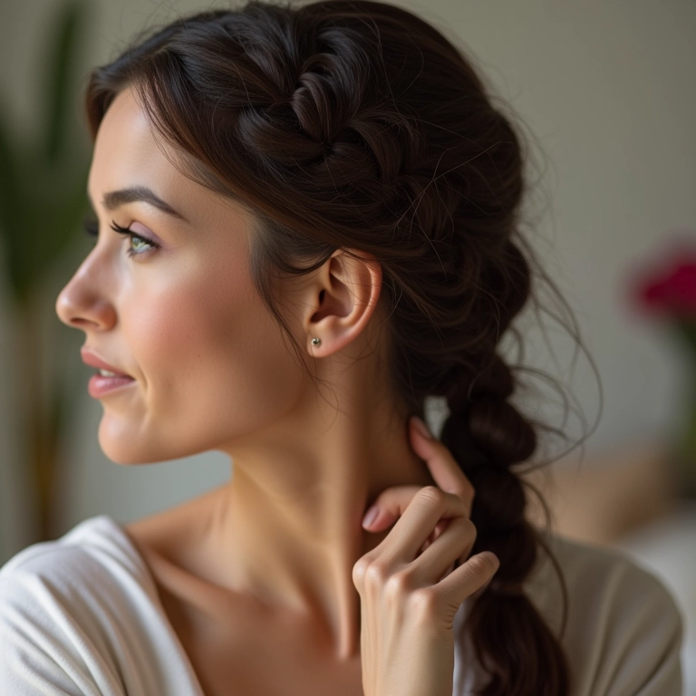 Mulher penteando o cabelo em uma trança solta em ambiente aconchegante.