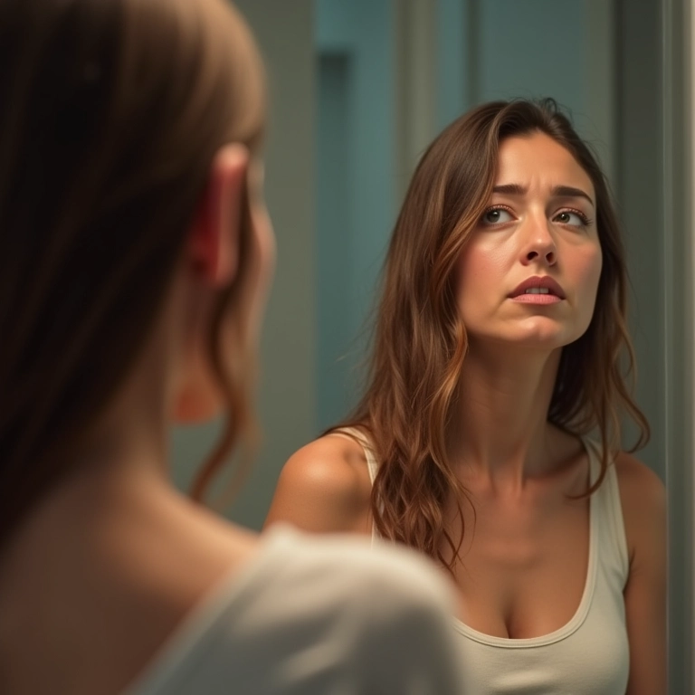 Mulher percebendo alteração na textura do cabelo no espelho.