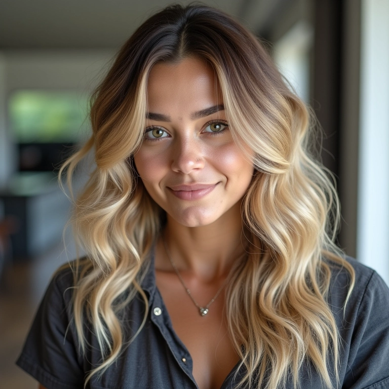Mulher plus size brasileira com corte assimétrico em camadas e mechas loiras.