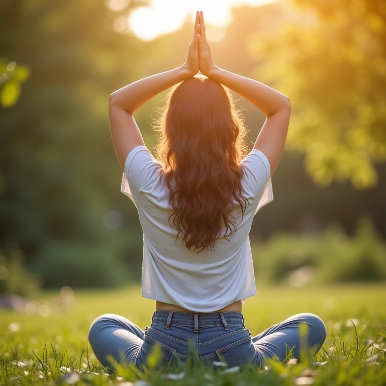 Mulher praticando yoga ao ar livre em um ambiente tranquilo.