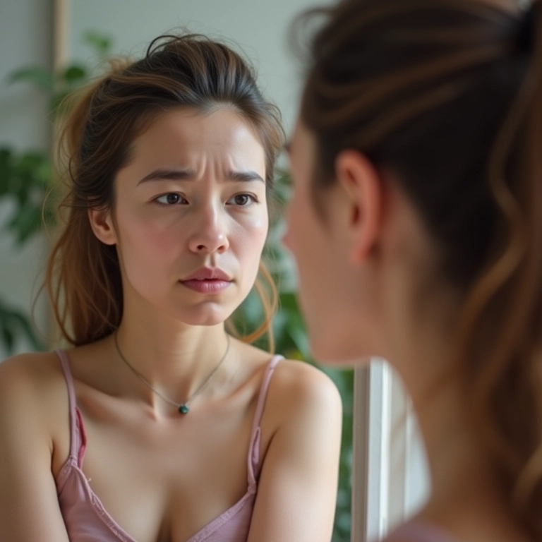 Mulher preocupada com a queda de cabelo devido a alterações hormonais.