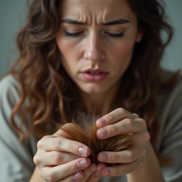 Mulher preocupada com a queda excessiva de cabelo nas mãos.