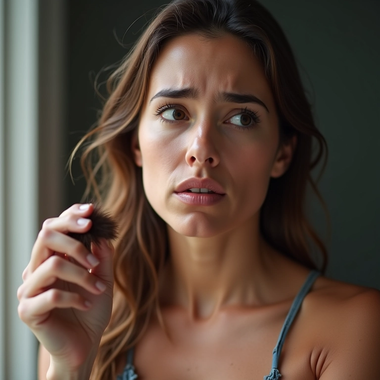 Mulher preocupada com a queda excessiva de cabelo, segurando um punhado de fios na mão.