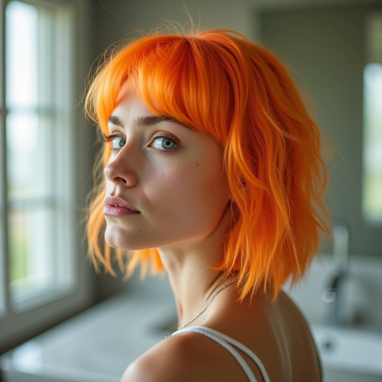 Mulher preocupada com cabelo laranja após descoloração caseira.