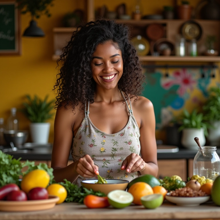 Mulher preparando máscara capilar caseira com ingredientes naturais.
