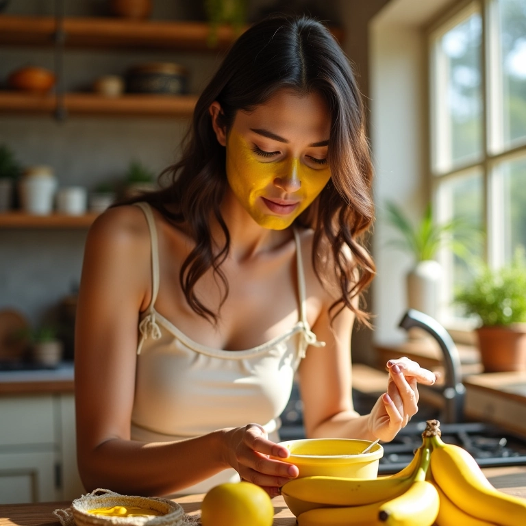 Mulher preparando máscara de banana para o cabelo em uma cozinha ensolarada com decoração rústica.
