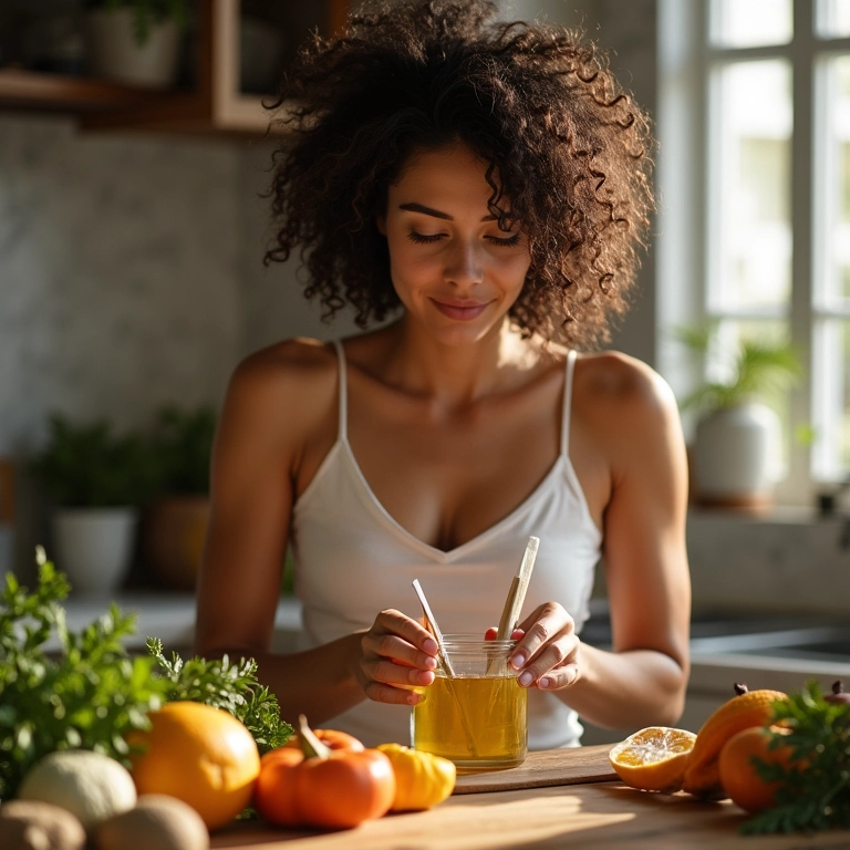 Mulher preparando óleo reparador caseiro com ingredientes naturais.
