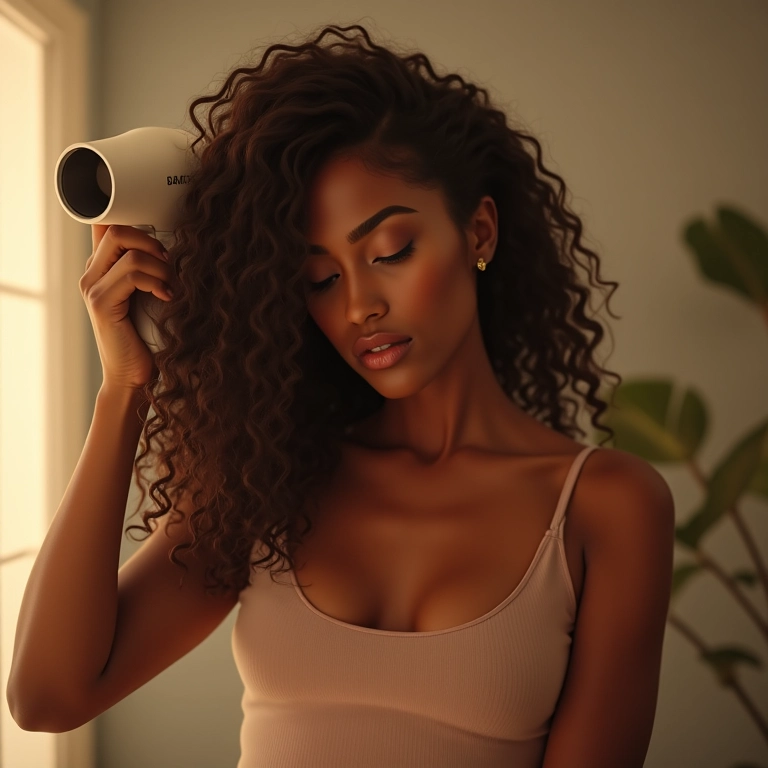 Mulher protegendo o cabelo do calor do secador.