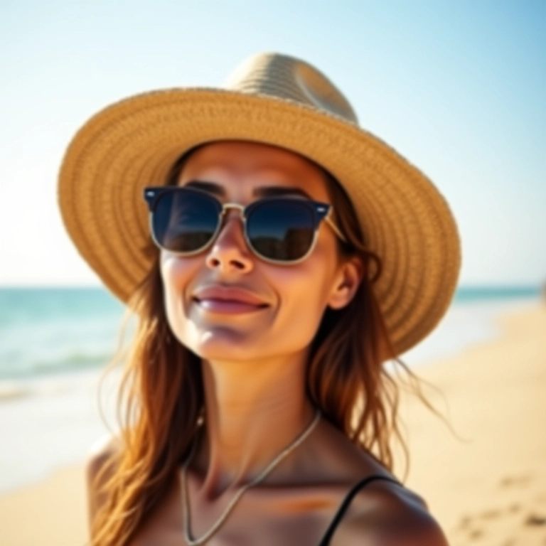 Mulher protegendo o cabelo do sol com chapéu e óculos de sol na praia.