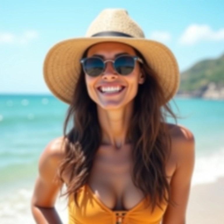 Mulher protegendo o cabelo do sol com chapéu na praia.