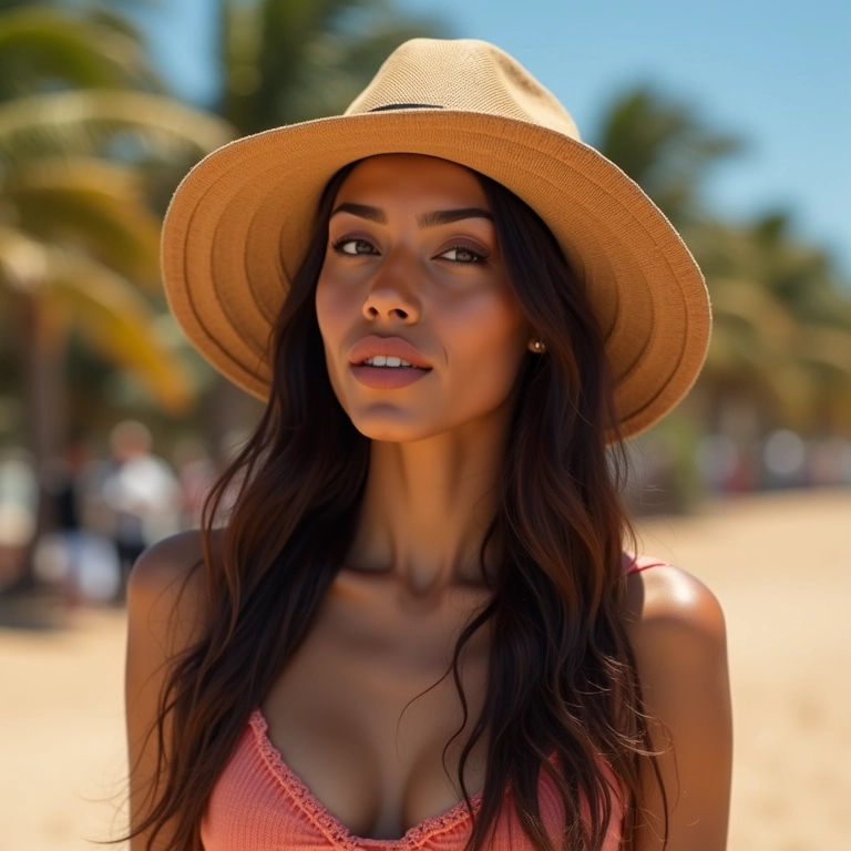 Mulher protegendo o cabelo do sol com chapéu.