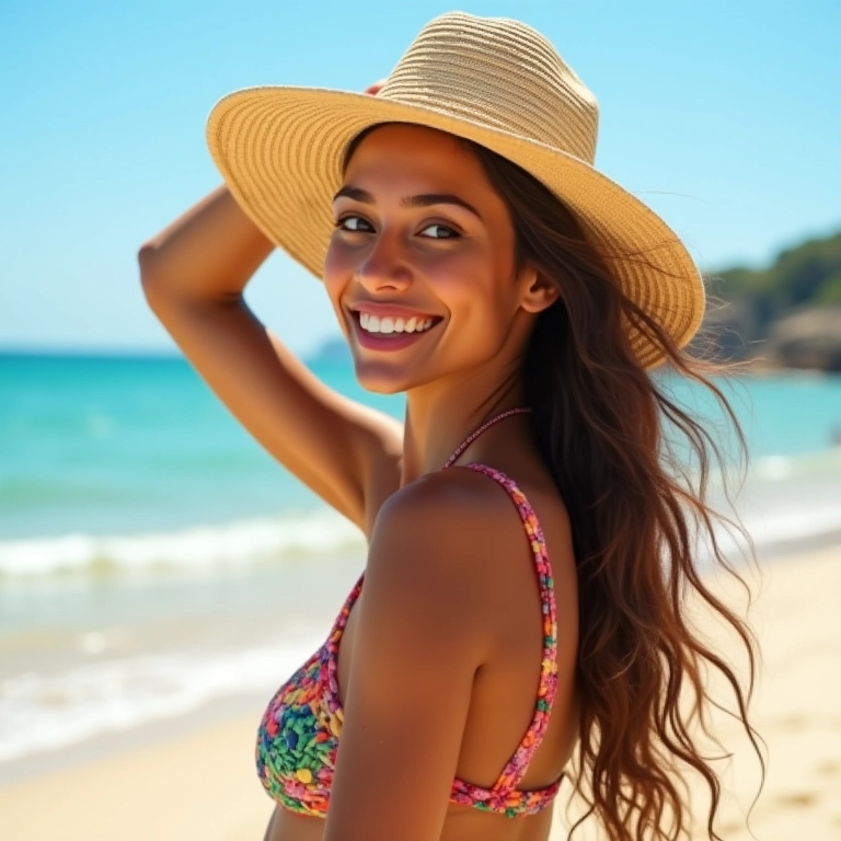 Mulher protegendo o cabelo do sol com um chapéu na praia.