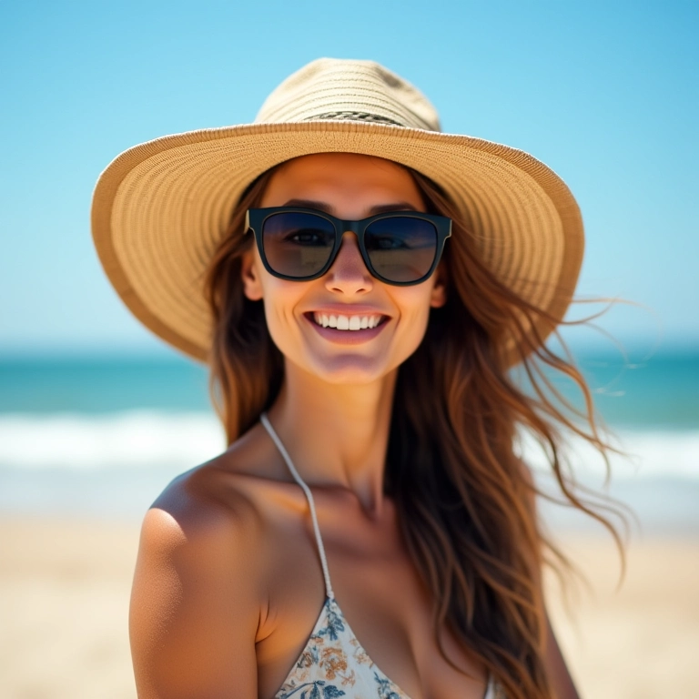 Mulher protegendo o cabelo do sol na praia.