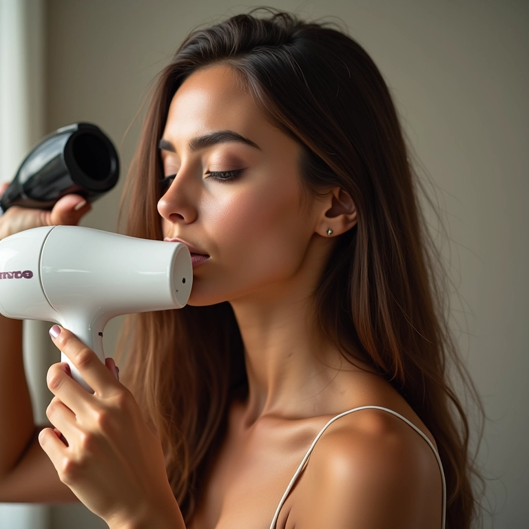 Mulher protegendo os cabelos com óleo de argan antes de usar o secador.