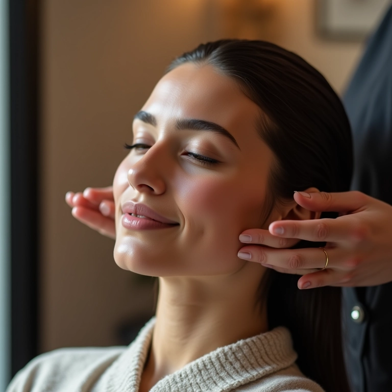 Mulher recebendo tratamento capilar profissional em salão de beleza.