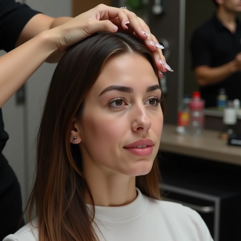 Mulher recebendo tratamento de acidificação capilar em salão.