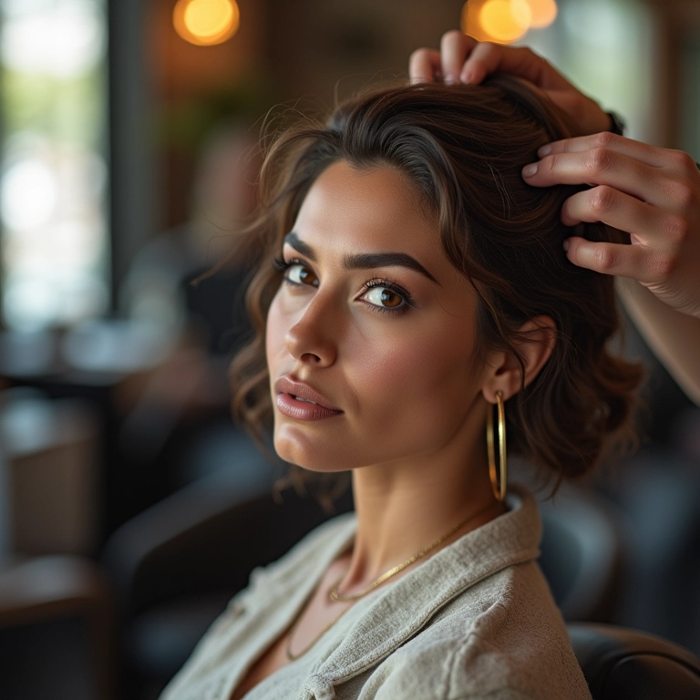 Mulher recebendo tratamento profissional para cabelo.