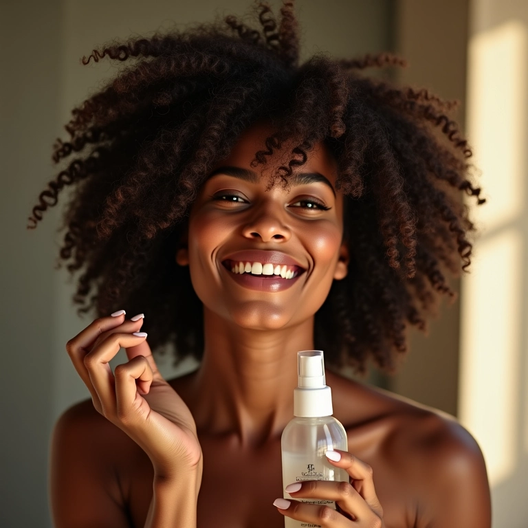 Mulher refrescando os cachos com spray pela manhã.