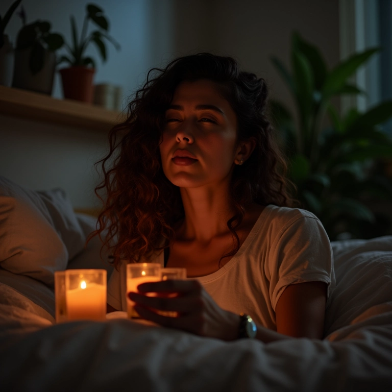 Mulher relaxando à noite com óleos essenciais no cabelo, em um quarto aconchegante com iluminação suave.