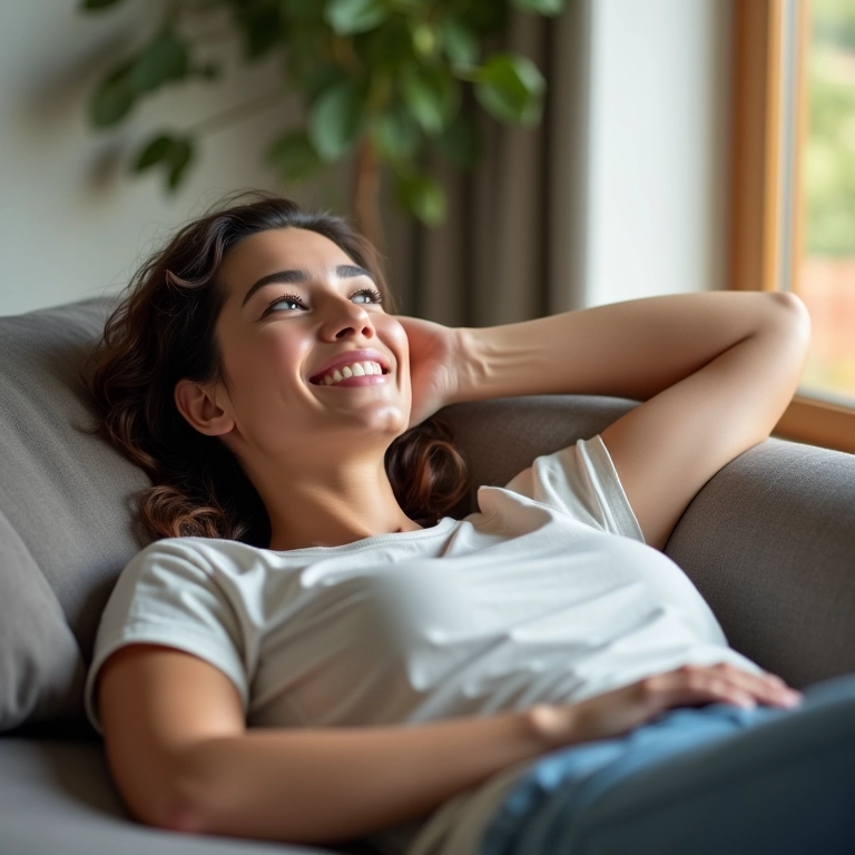 Mulher relaxando em casa com sistema de segurança inteligente.
