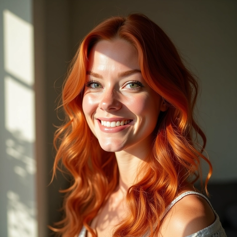 Mulher ruiva natural sorrindo em casa ensolarada