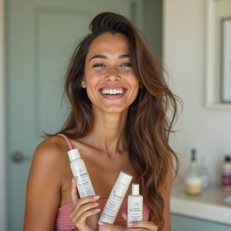 Mulher satisfeita com produtos de baixo custo para cuidar dos cabelos.