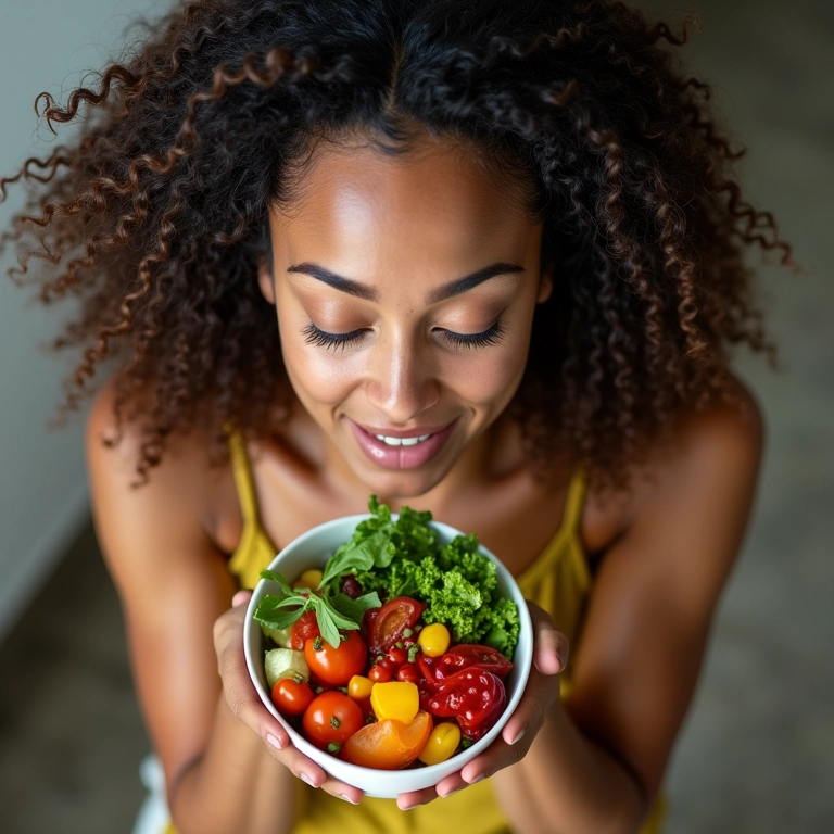 Mulher se alimentando com salada rica em vitaminas e minerais para combater a deficiência nutricional.