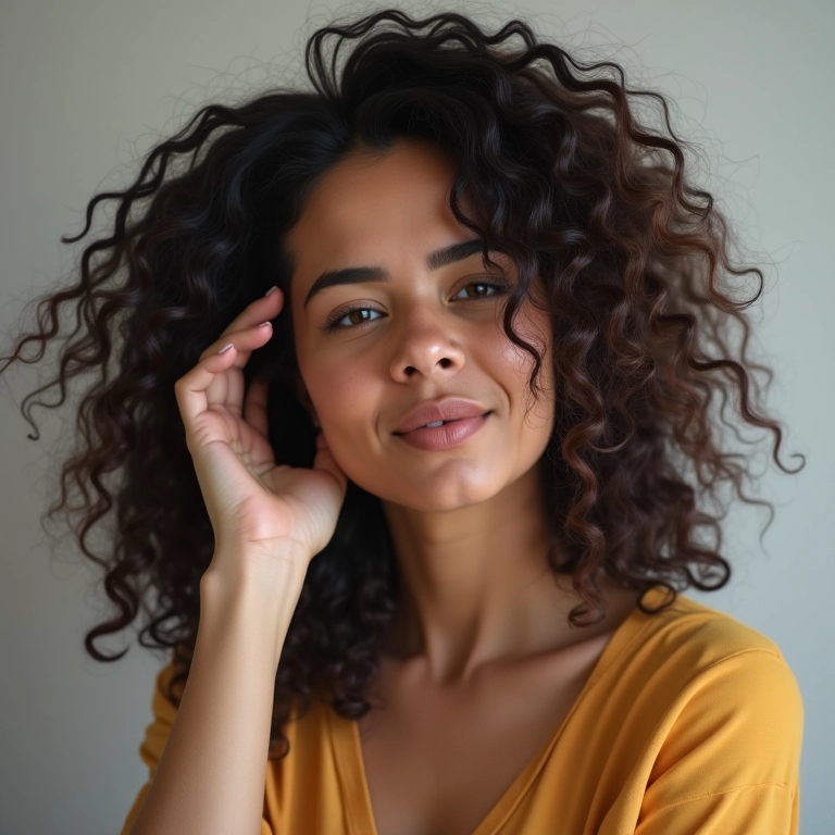 Mulher se recuperando da Covid-19, sofrendo com a queda de cabelo ao pentear.