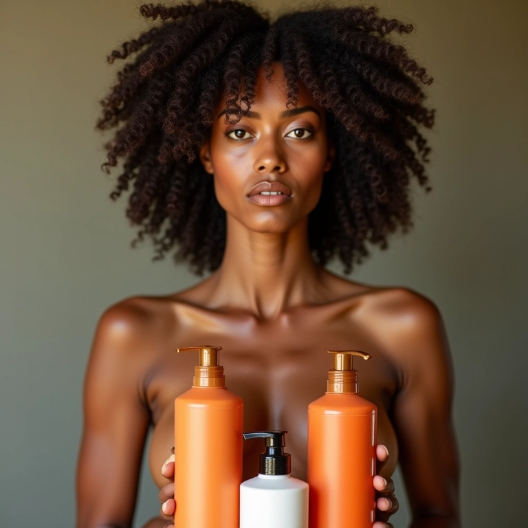 Mulher segurando shampoo e condicionador no banheiro.
