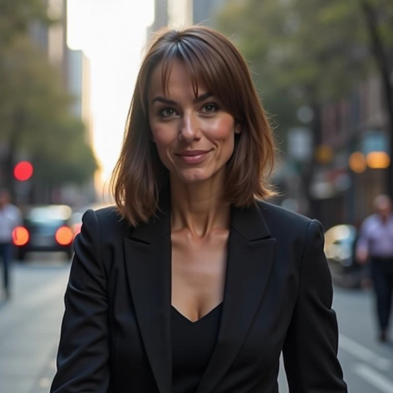 Mulher sofisticada com chanel de bico e cabelo liso caminhando na Avenida Paulista.
