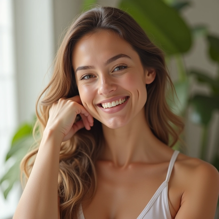 Mulher sorrindo ao usar Elseve Óleo Extraordinário, resultados visíveis.
