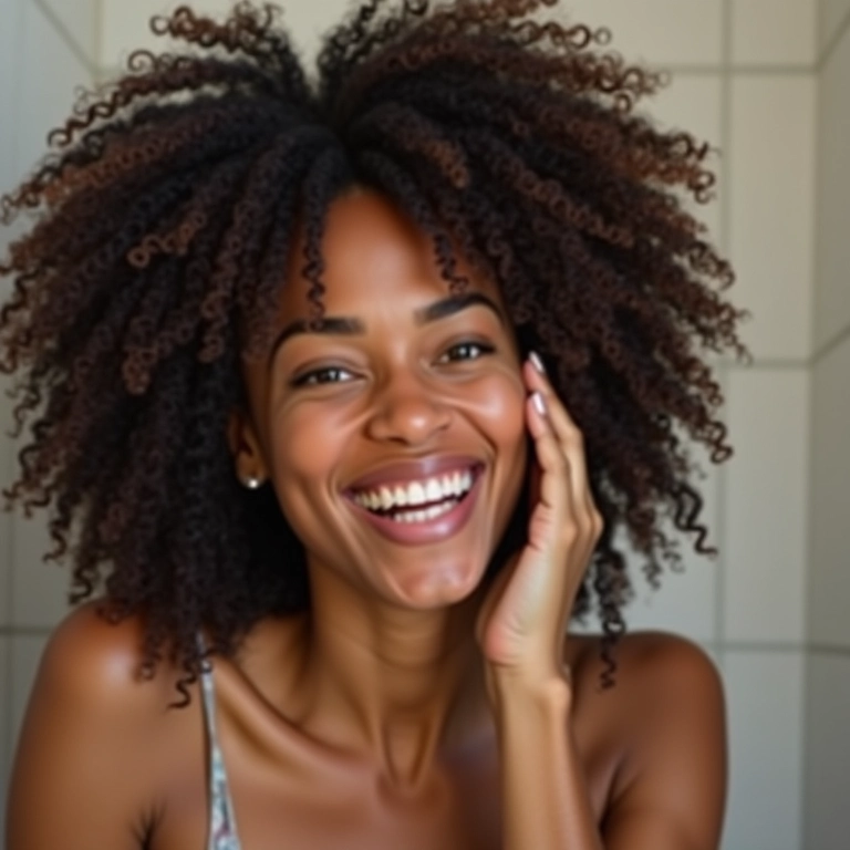 Mulher sorrindo aplicando condicionador no cabelo cacheado durante o co wash.