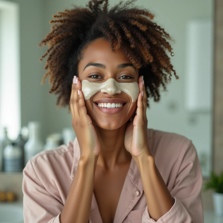 Mulher sorrindo aplicando máscara capilar com produtos de farmácia.