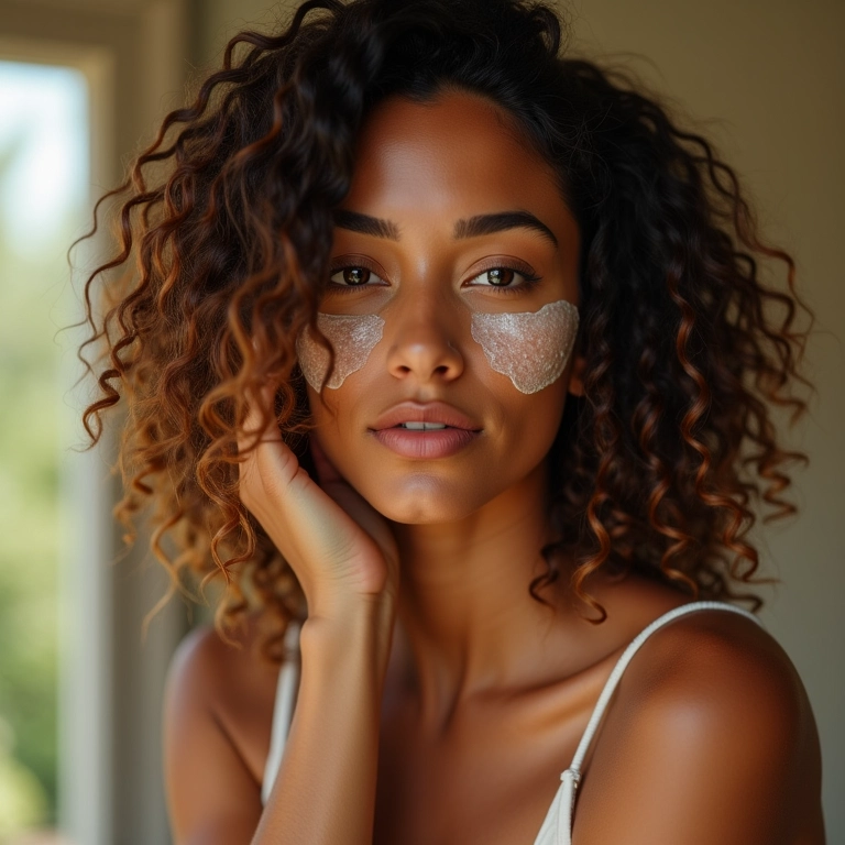 Mulher sorrindo aplicando máscara vegana acessível no cabelo.