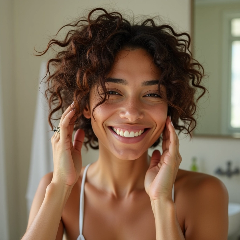 Mulher sorrindo aplicando óleo em cabelo com frizz no banheiro.
