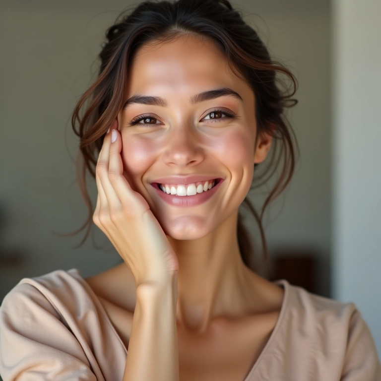 Mulher sorrindo após usar produtos sem parabenos para pele sensível.