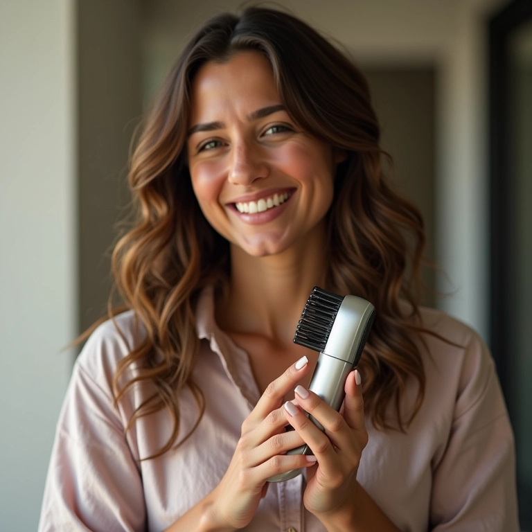 Mulher sorrindo com ativador de cachos acessível.
