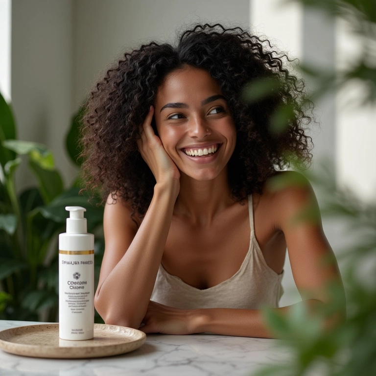 Mulher sorrindo com cabelo brilhante e hidratado após suplementação de colágeno.