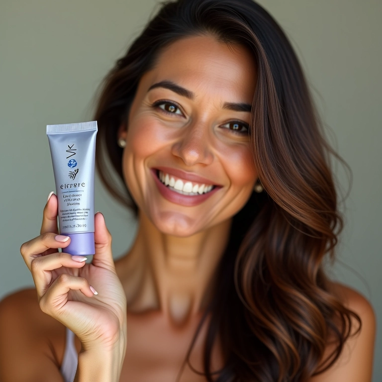 Mulher sorrindo com cabelo brilhante, segurando o sérum capilar Elseve Glycolic Gloss.