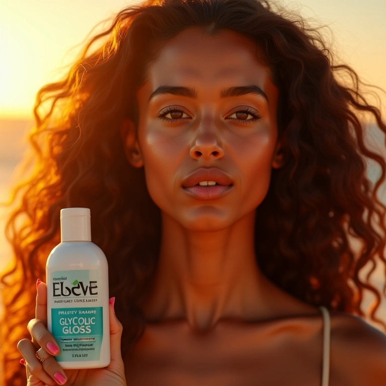 Mulher sorrindo com cabelo brilhante segurando shampoo Elseve Glycolic Gloss.