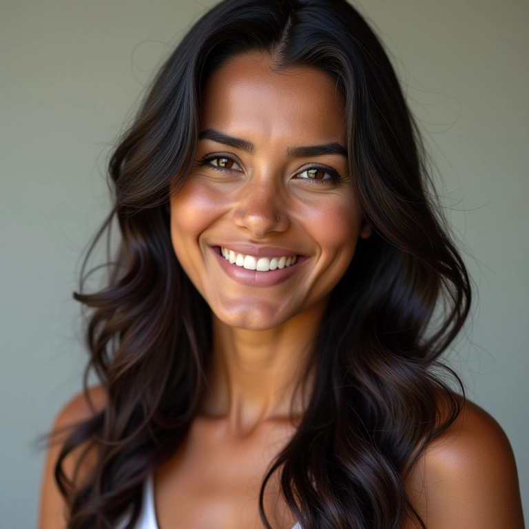 Mulher sorrindo com cabelo fino estilizado para dar volume.