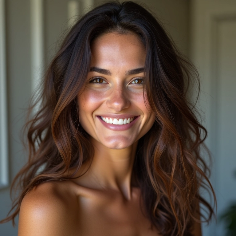 Mulher sorrindo com cabelo grosso e sem frizz após usar finalizador antifrizz.