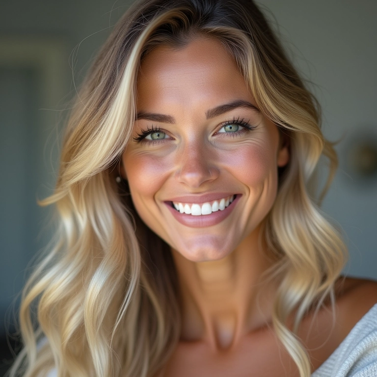 Mulher sorrindo com cabelo loiro saudável e bem cuidado.