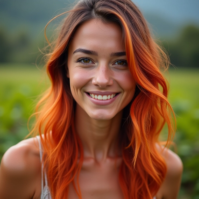 Mulher sorrindo com cabelo recém-tonalizado e brilhante.