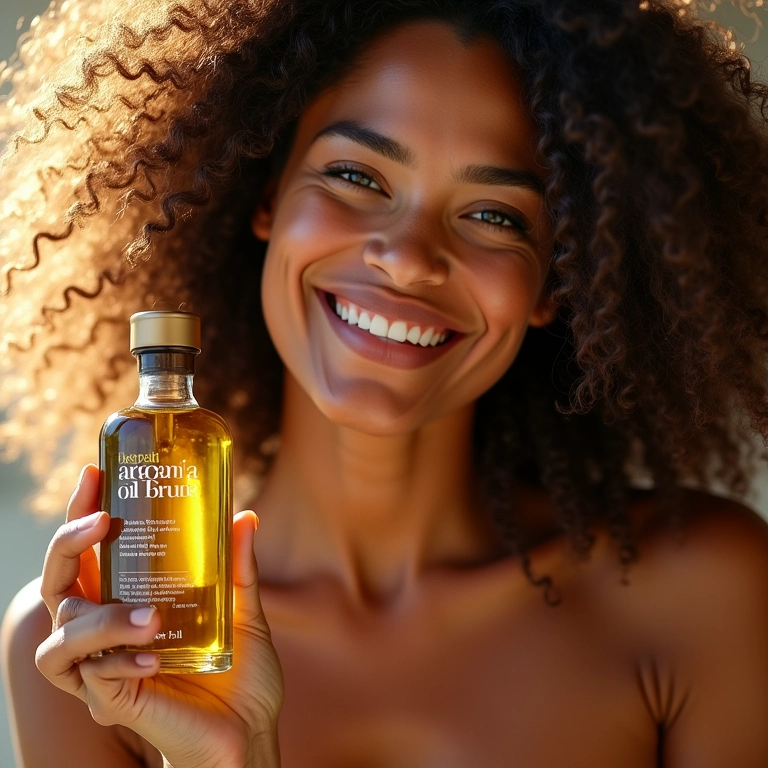 Mulher sorrindo com cabelo saudável segurando óleo de Argan.